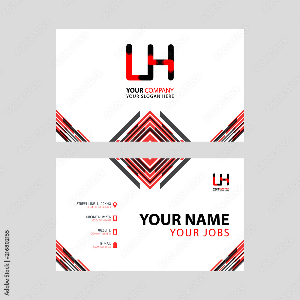 Fototapeta premium Horizontal name card with LH logo Letter and simple red black and triangular decoration on the edge.