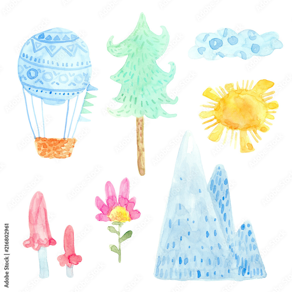 Cartoon watercolor nature set. Mountain, tree, fir, balloon, sun, clouds, flowers, mushrooms. Isolated on white background