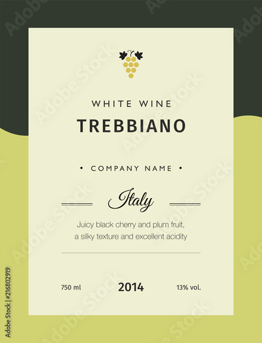 Label for a bottle of wine, glasses and a bunch of grapes. Best quality grape varieties and premium wine brand names labels emblems isolated vector illustration. White wine label Trebbiano.