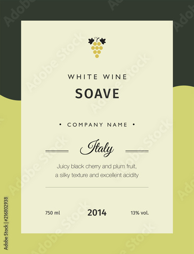 Label for a bottle of wine, glasses and a bunch of grapes. Best quality grape varieties and premium wine brand names labels emblems isolated vector illustration. White wine label Soave.