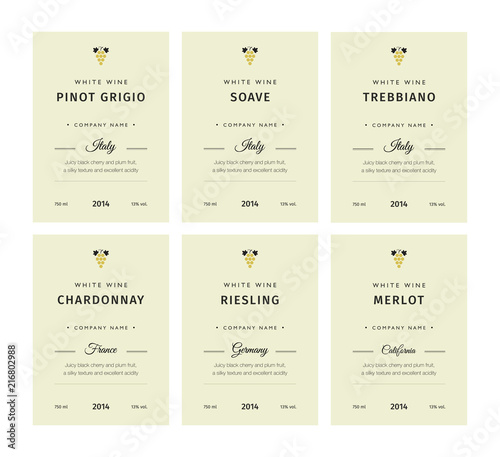 Special collection best quality grape varieties and premium wine brand names labels emblems abstract isolated vector illustration. White wine label set.