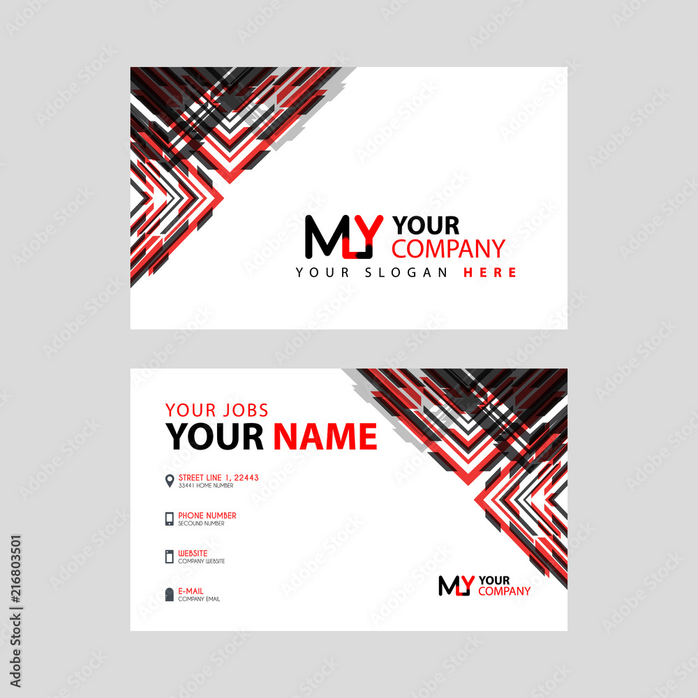 the MY logo letter with box decoration on the edge, and a bonus business card with a modern and horizontal layout.