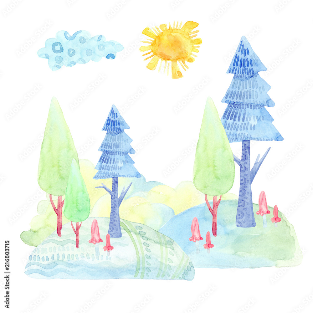 Cartoon watercolor nature. Hills, with trees, mushrooms. The sky with clouds, the sun. Isolated on white background