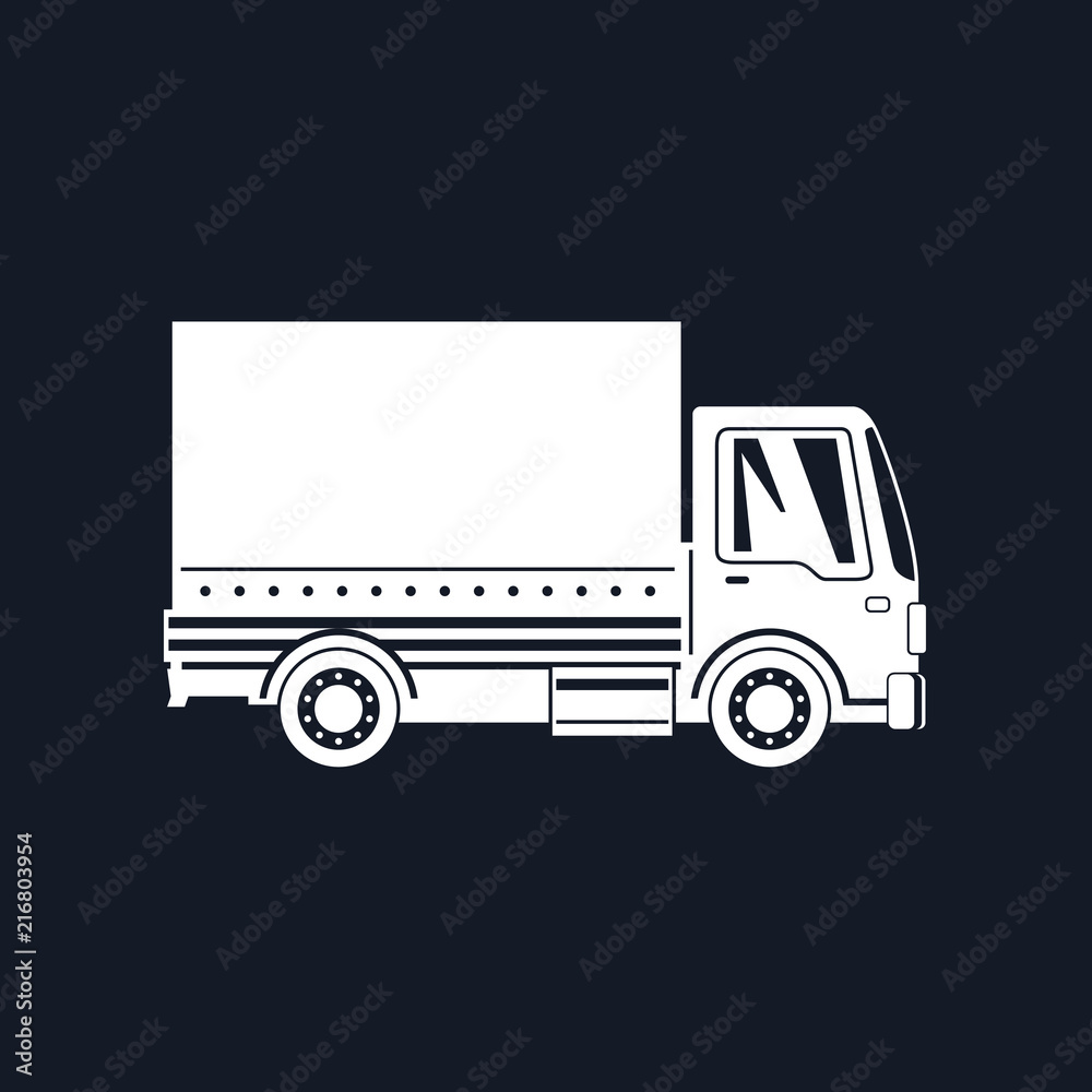 White Silhouette Small Covered Truck Isolated on Black Background , Transport Services and Logistics, Shipping and Freight of Goods,  Vector Illustration