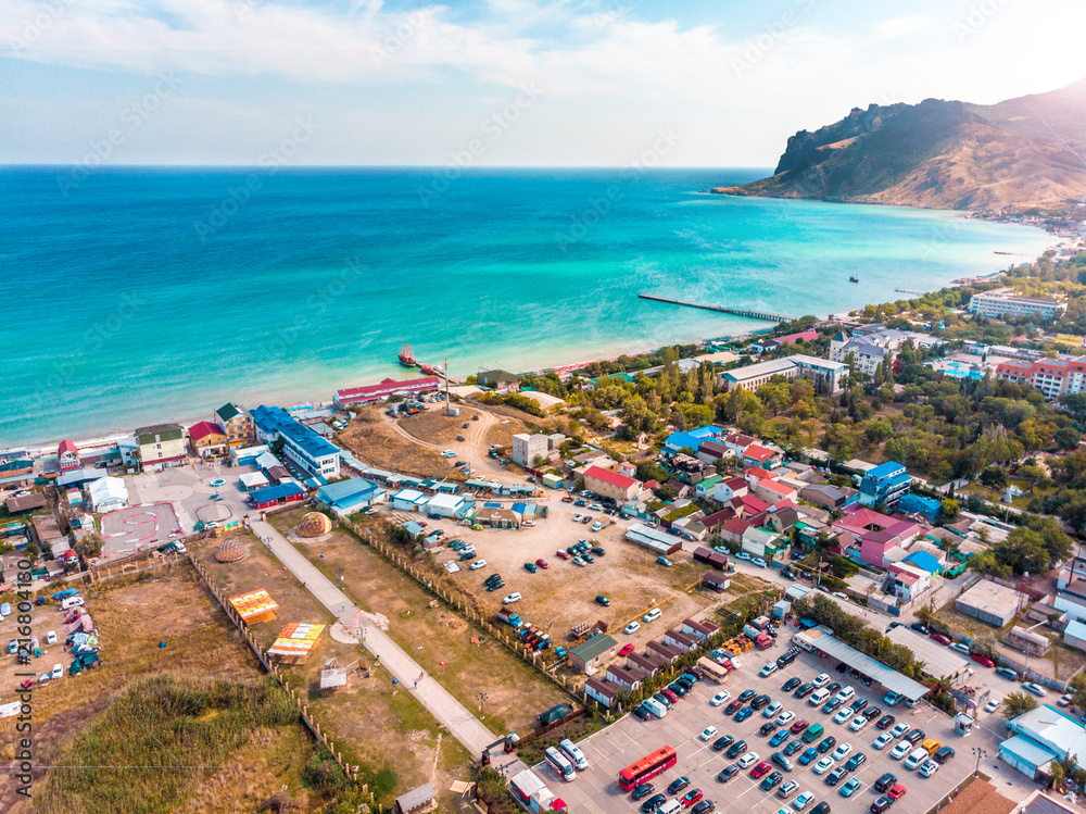 Aerial view of a resort town on the seashore.