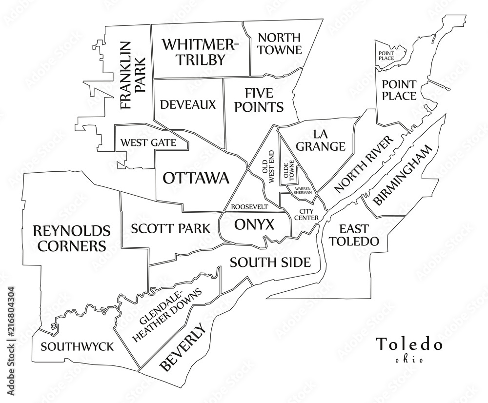 Modern City Map - Toledo Ohio city of the USA with neighborhoods and 
