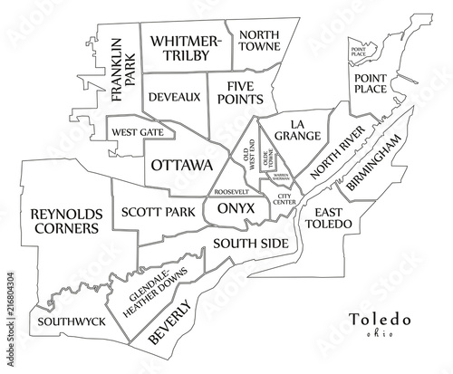 Modern City Map - Toledo Ohio city of the USA with neighborhoods and titles outline map