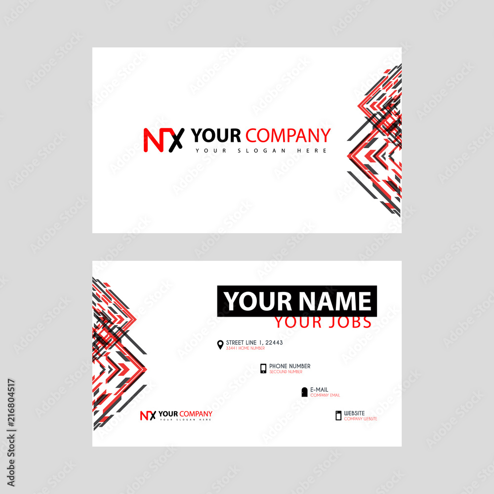 Business card template in black and red. with a flat and horizontal design plus the NX logo Letter on the back.