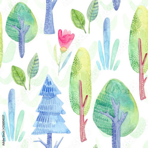 Cartoon watercolor nature seamless pattern. Forest with firs, trees and flowers, plants.