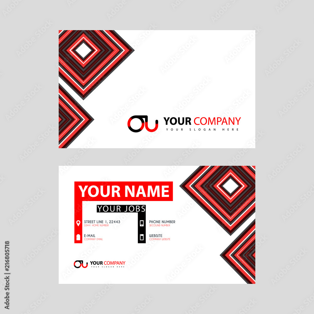 Letter OU logo in black which is included in a name card or simple business card with a horizontal template.