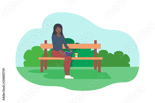 Young afroamerican girl is sitting on the bench with book in her hands, reading it and drinking coffee. Resting woman. Flat style vector illustration. Banner, poster with green park background.