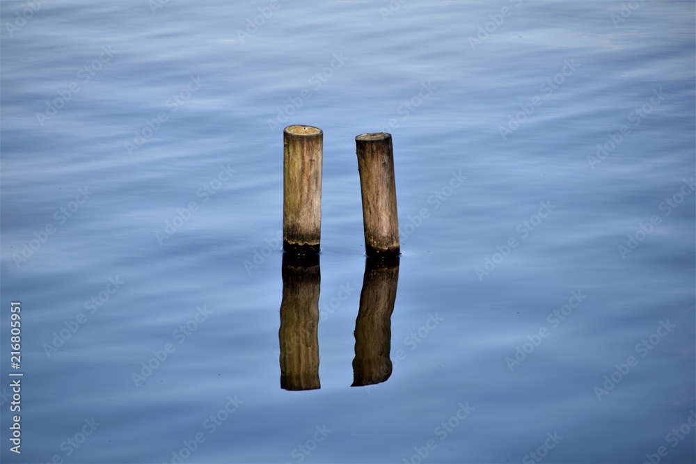 Reflection of two wood sticks in the water Reflection of two wood sticks in the water