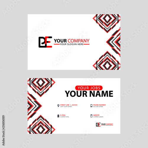Modern business card templates, with PE logo Letter and horizontal design and red and black colors.