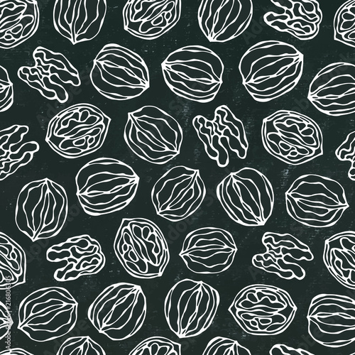 Black Board. Walnut Seamless Endless Pattern. Whole and Peeled Walnuts. Autumn or Fall Harvest Collection. Realistic Hand Drawn High Quality Vector Illustration. Doodle Style.