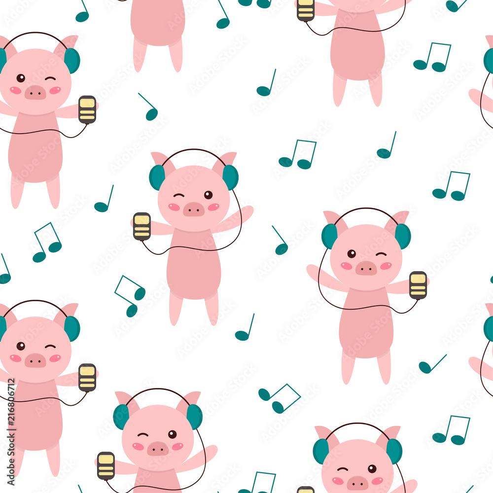 Seamless pattern cute cartoon pig listen to music. Background for kids.  Funny cartoon character. Vector illustration Stock Vector | Adobe Stock