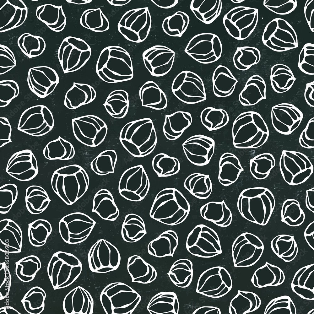 Black Board. Hazelnut Seamless Endless Pattern. Whole and Peeled Hazelnut. Autumn or Fall Harvest Collection. Realistic Hand Drawn High Quality Vector Illustration. Doodle Style. Black Board. Hazelnut Seamless Endless Pattern. Whole and Peeled Hazelnut. Autumn or Fall Harvest Collection. Realistic Hand Drawn High Quality Vector Illustration. Doodle Style.