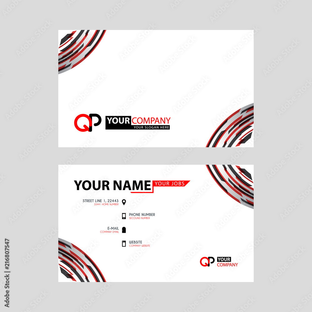 Modern simple horizontal design business cards. with QP Logo inside and transparent red black color.