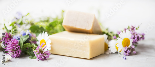 Natural handmade skincare. Organic soap bars with plants extracts photo