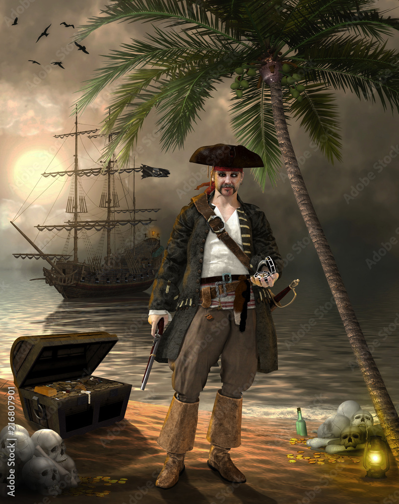 Obraz premium Grim Pirate Captain Searching for Treasure