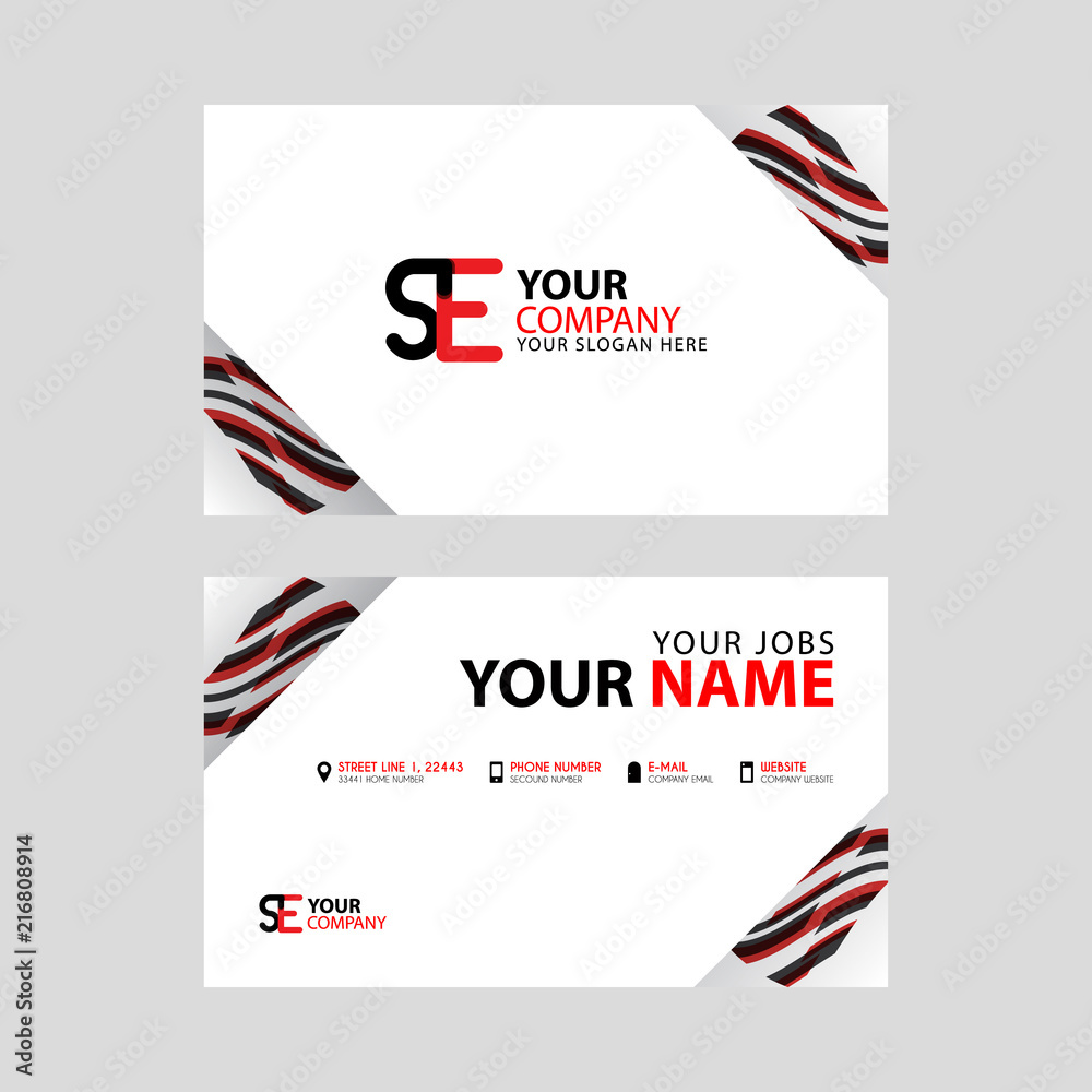 Fototapeta premium Horizontal name card with decorative accents on the edge and bonus SE logo in black and red.