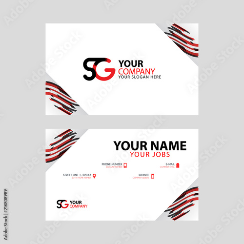 Horizontal name card with decorative accents on the edge and bonus SG logo in black and red.