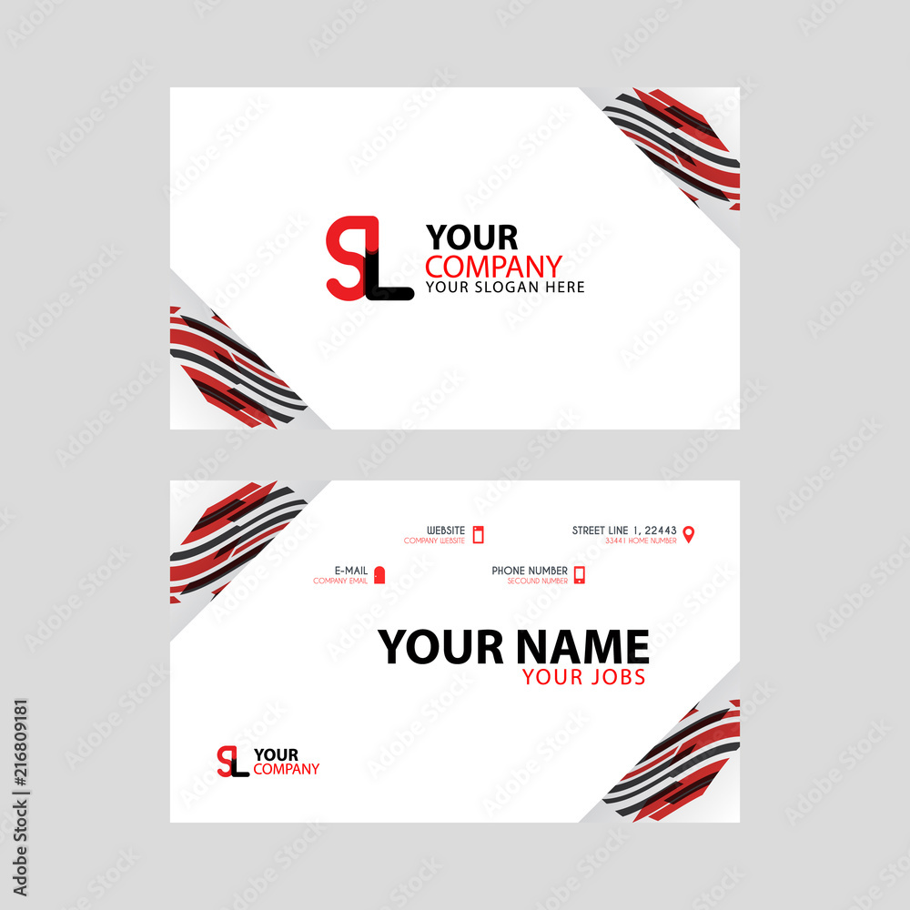 Horizontal name card with decorative accents on the edge and bonus SL logo in black and red.
