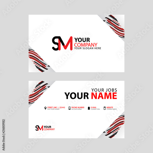 Horizontal name card with decorative accents on the edge and bonus SM logo in black and red.
