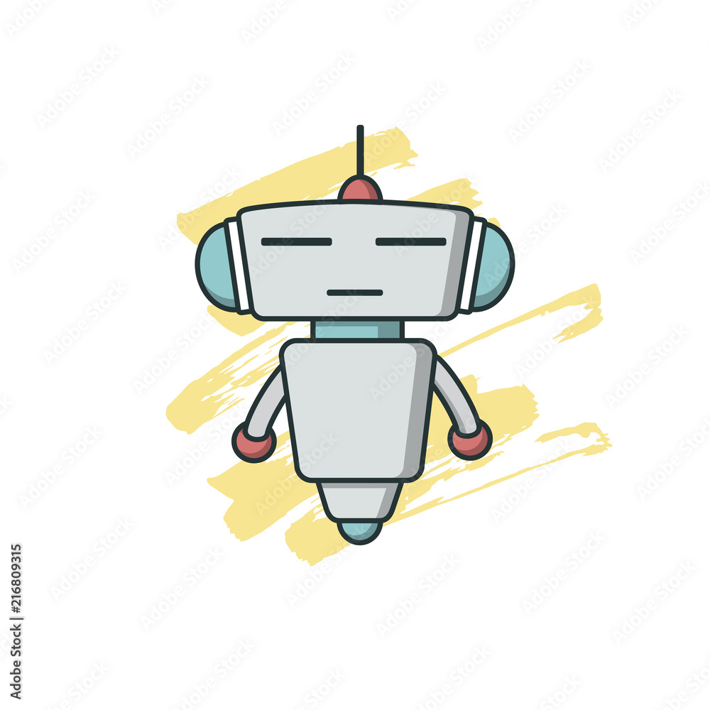 Bot icon in yellow brush background. Chatbot icon. Cute Outline robot. Vector flat line cartoon illustration isolated on white background. Voice support service bot. Virtual online support. Bot icon in yellow brush background. Chatbot icon. Cute Outline robot. Vector flat line cartoon illustration isolated on white background. Voice support service bot. Virtual online support.