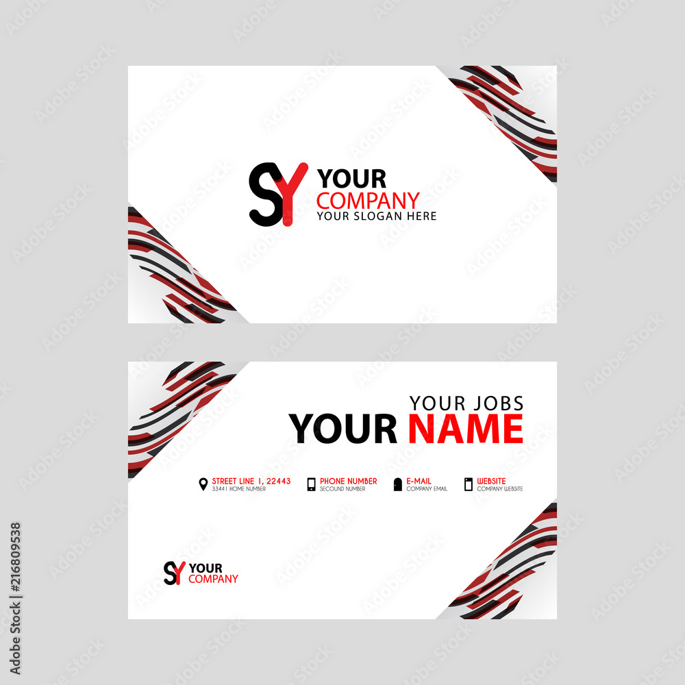 Fototapeta premium Horizontal name card with decorative accents on the edge and bonus SY logo in black and red.