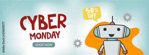 Cyber monday sale promo banner with cute robot for discount offer or final clearance on holidays season. Flat vector smiling bot.