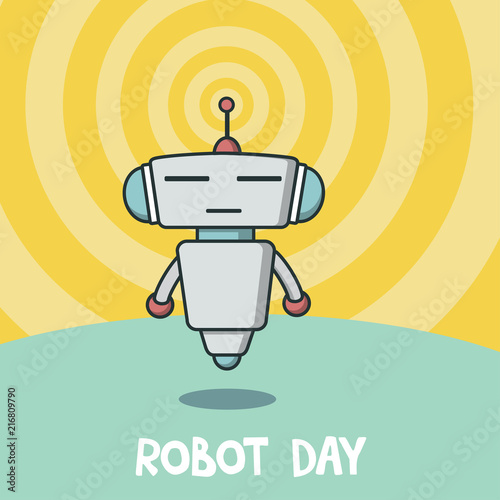 Robot day banner vector illustration with cute robot flying under earth and radio signals.