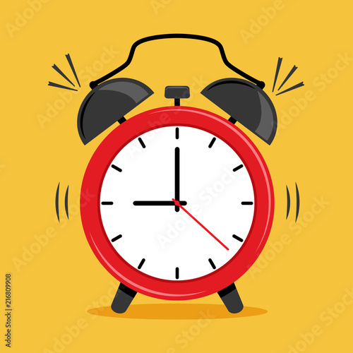 Red alarm clock icon on yellow background. Vector illustration