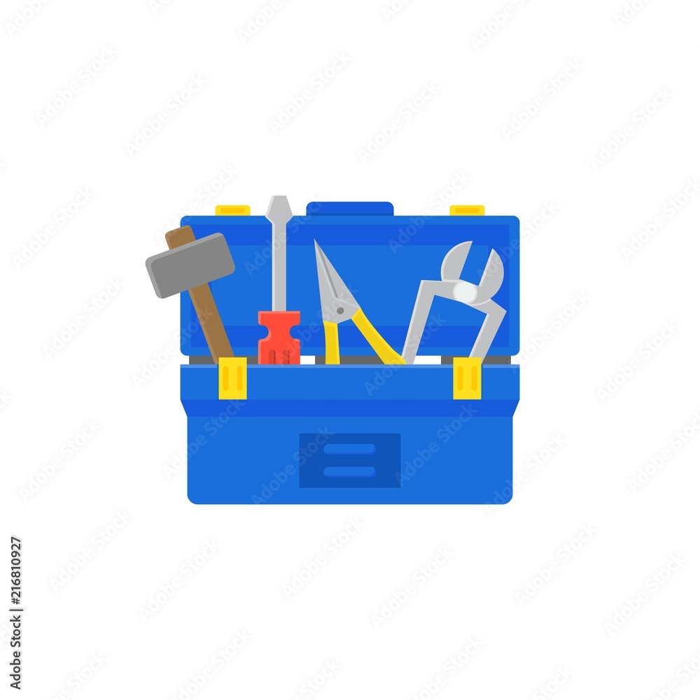 tool box and equipment icon, maintenance and repair service concept, flat design tool box and equipment icon, maintenance and repair service concept, flat design