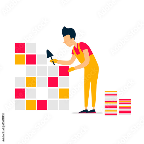 Tile laying, repair, bathroom, building. Flat style vector illustration