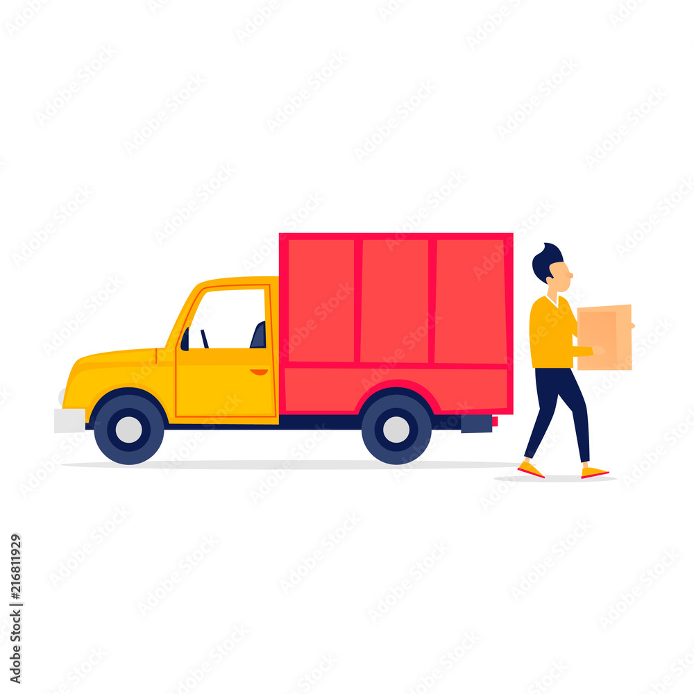 Shipping, trucking, man carries a box, truck. Flat style vector illustration Shipping, trucking, man carries a box, truck. Flat style vector illustration