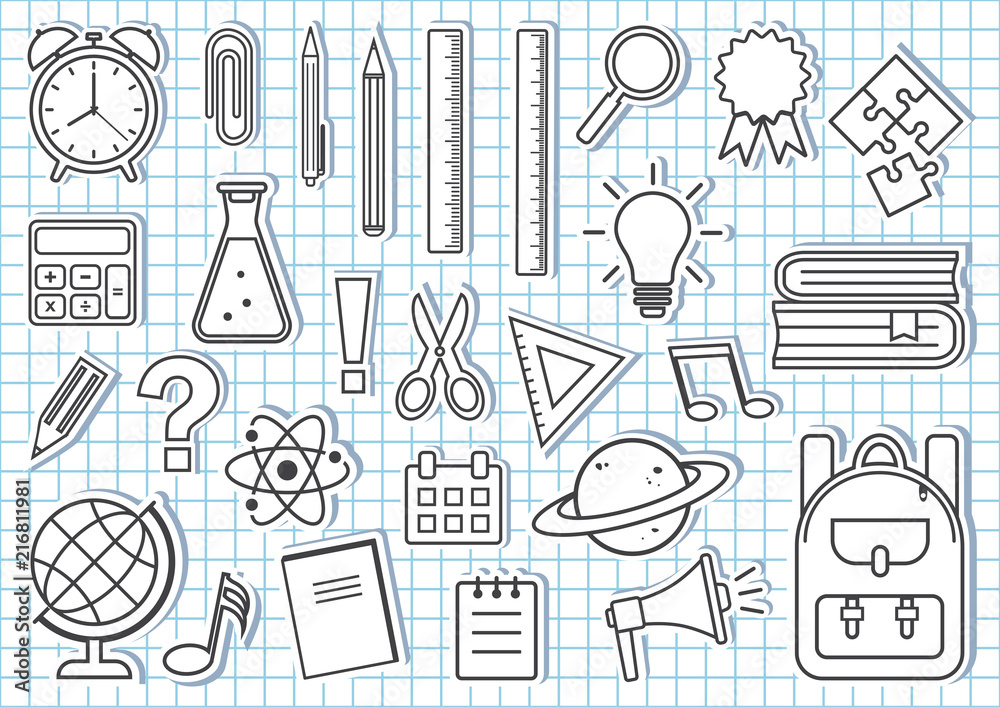Outlined school accessories collection. Drawing school supplies. 22330906  Vector Art at Vecteezy