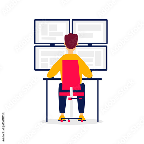 Guard sits in front of the monitors. Flat style vector illustration