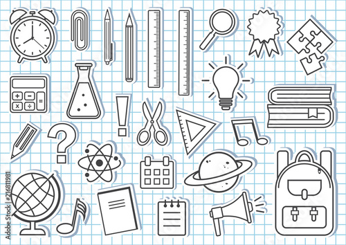Set of school supplies. Black and white outline design. Vector illustration