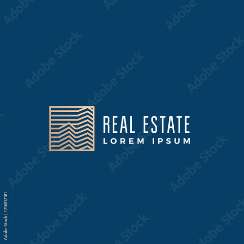 Linear Real Estate Abstract Vector Sign, Symbol or Logo Template. Skyscraper Buildings in a Square Frame with Modern Typography. Geometry Retro Emblem.