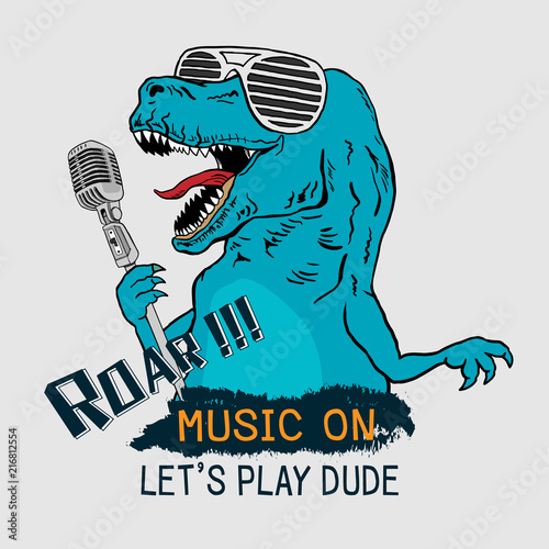 Dinosaur Tyrannosaurus Rex singing with microphone. Graphic tee. vector design for t-shirt printing and embroidery apparel. 