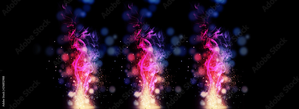 Dark abstract bokeh background, magic smoke and sparks, neon