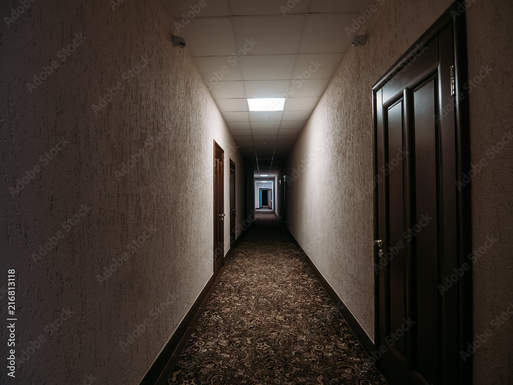 Empty dark corridor in apartment building, doors, lighting lamps