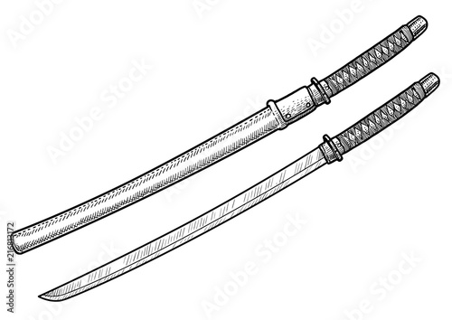 Japanese sword illustration, drawing, engraving, ink, line art, vector photo