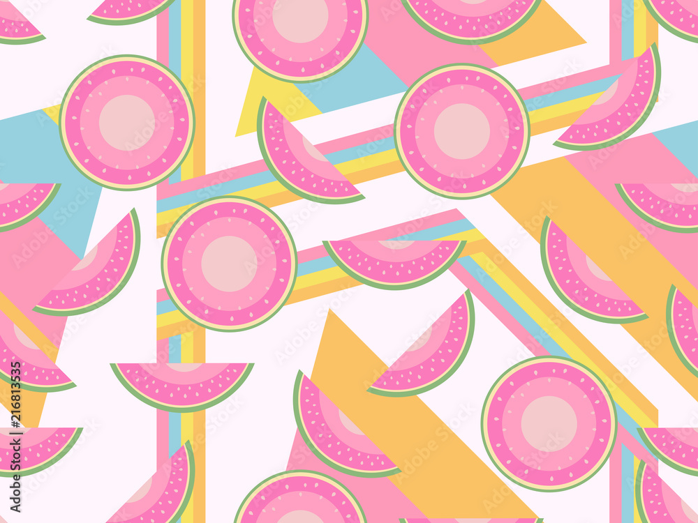 Memphis with watermelons seamless pattern. Pastel colors. Vector illustration