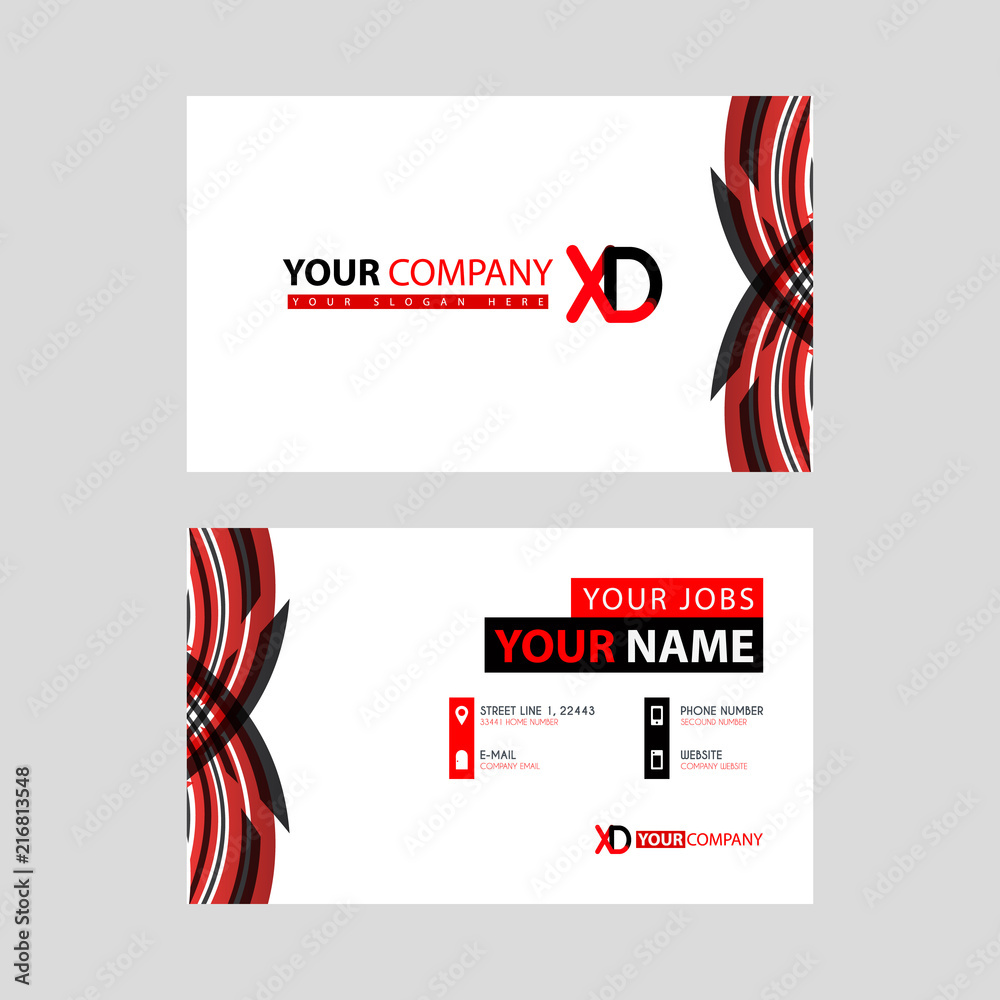 Business card template in black and red. with a flat and horizontal design plus the XD logo Letter on the back.