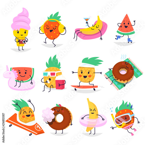 Cute summer fruit characters having fun and relaxing