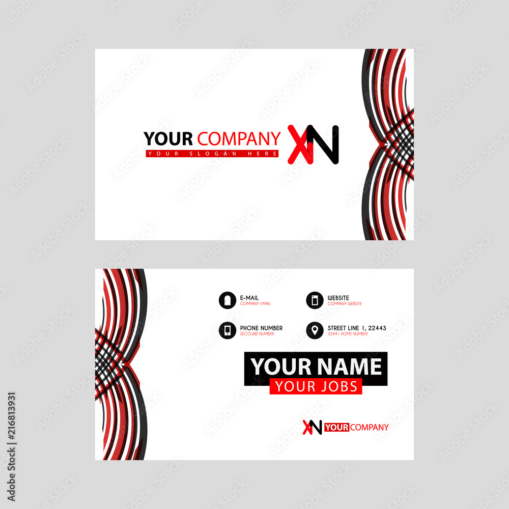 Business card template in black and red. with a flat and horizontal design plus the XN logo Letter on the back.
