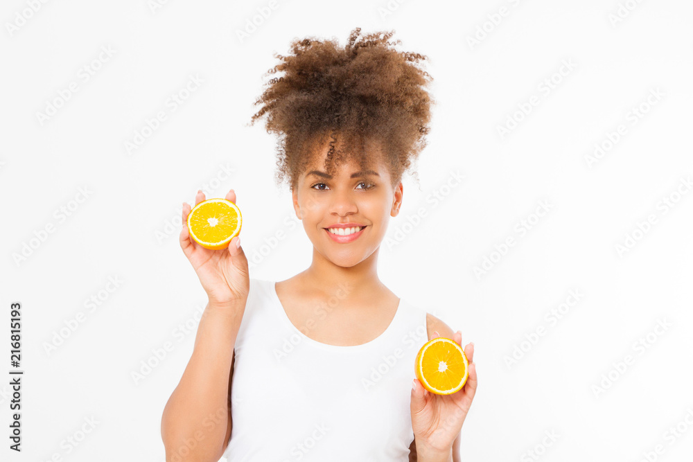 Beautiful young african american woman isolated on white background. Afro girl and diet concept. Copy space. Mock up. Skin care, spa and make up concept. Summer time. Afro curly hair style Beautiful young african american woman isolated on white background. Afro girl and diet concept. Copy space. Mock up. Skin care, spa and make up concept. Summer time. Afro curly hair style