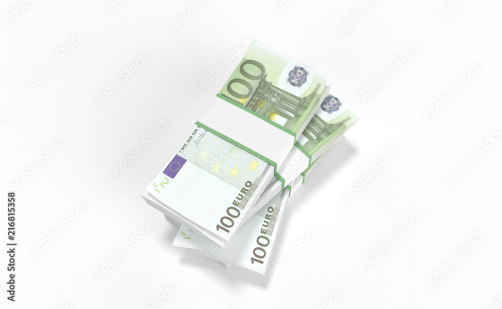 3D realistic render of 100 Euro money lots forming a pile isolated on white background. 3D realistic render of 100 Euro money lots forming a pile isolated on white background.