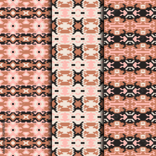 Set of 3 seamless patterns tribal design. Ethnic textile prints. Vector fashion backgrounds.